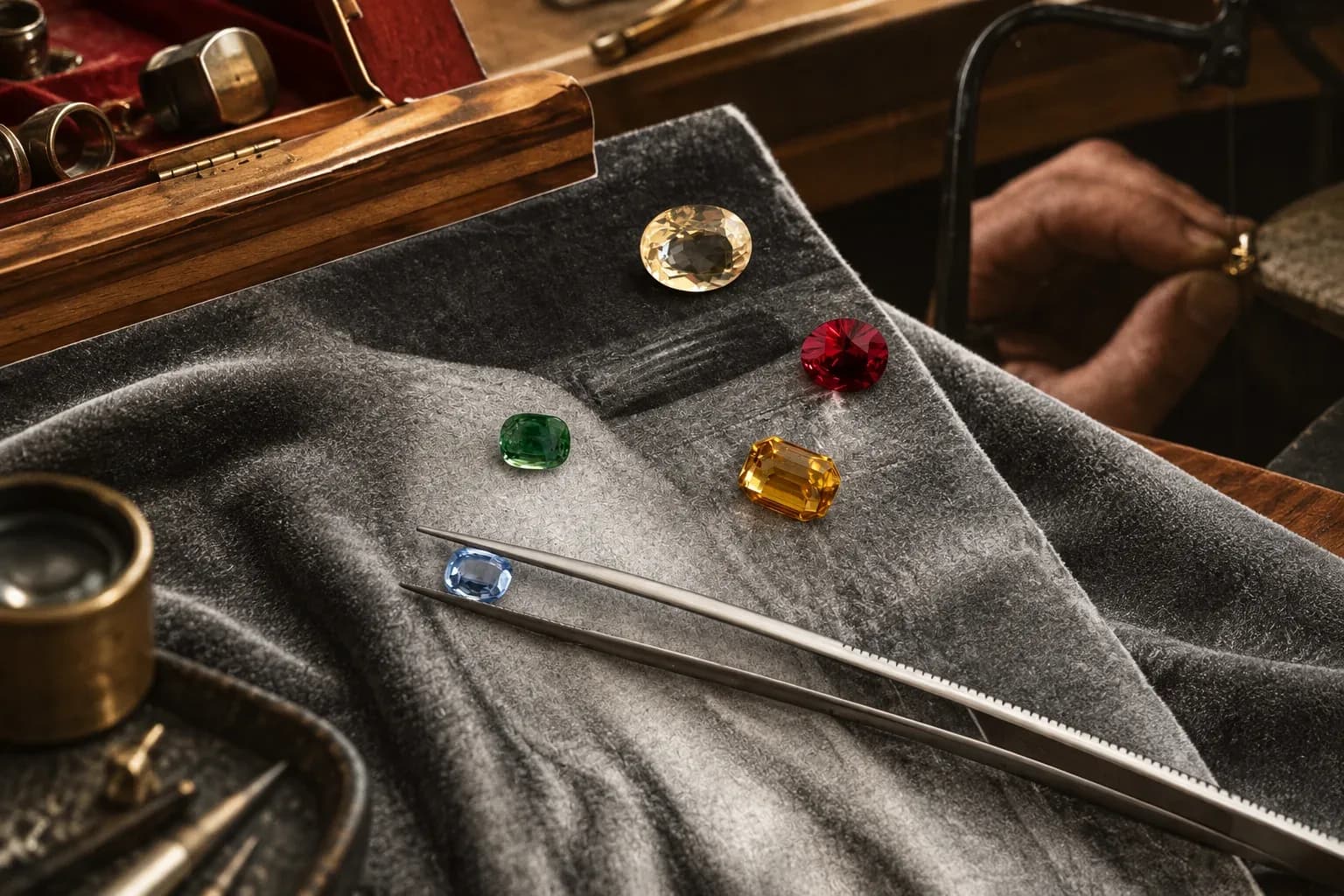 Coloured gemstones and a blue sapphire in tweezers on grey velvet
