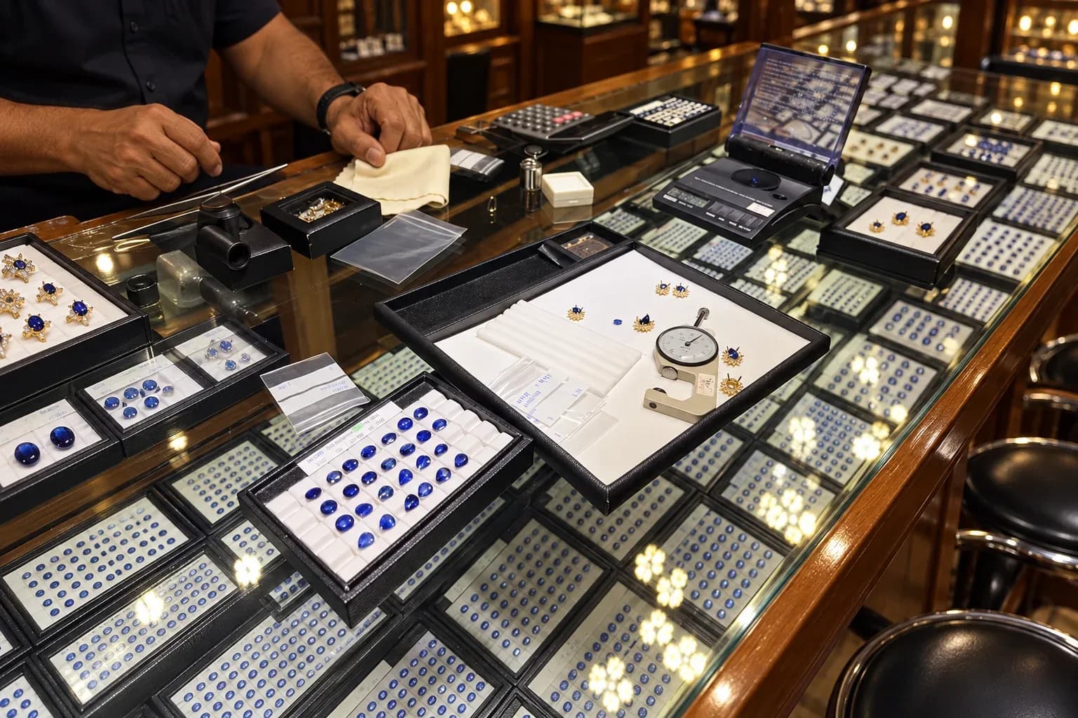 Blue sapphires, gemstone trays and measuring tools at a trading counter