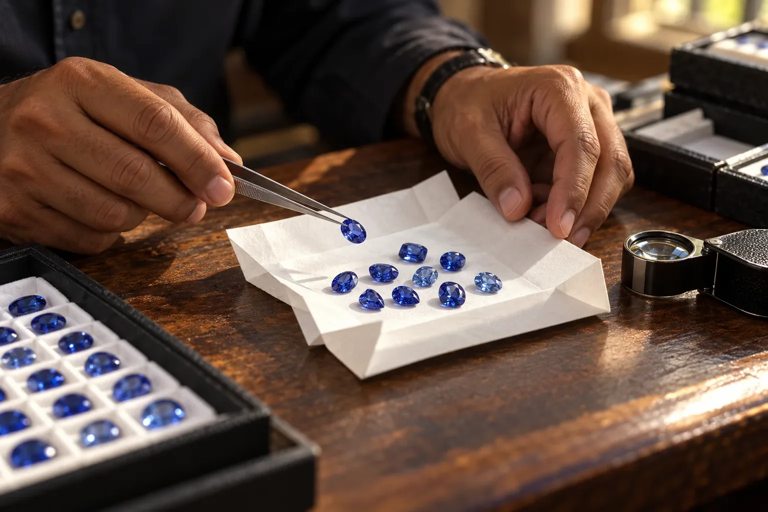 A dealer presenting blue sapphires on folded gemstone paper with tweezers and a loupe
