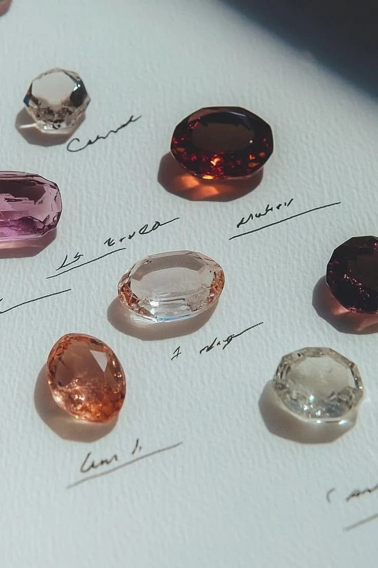 Faceted gemstones in a range of colours arranged on handwritten notes