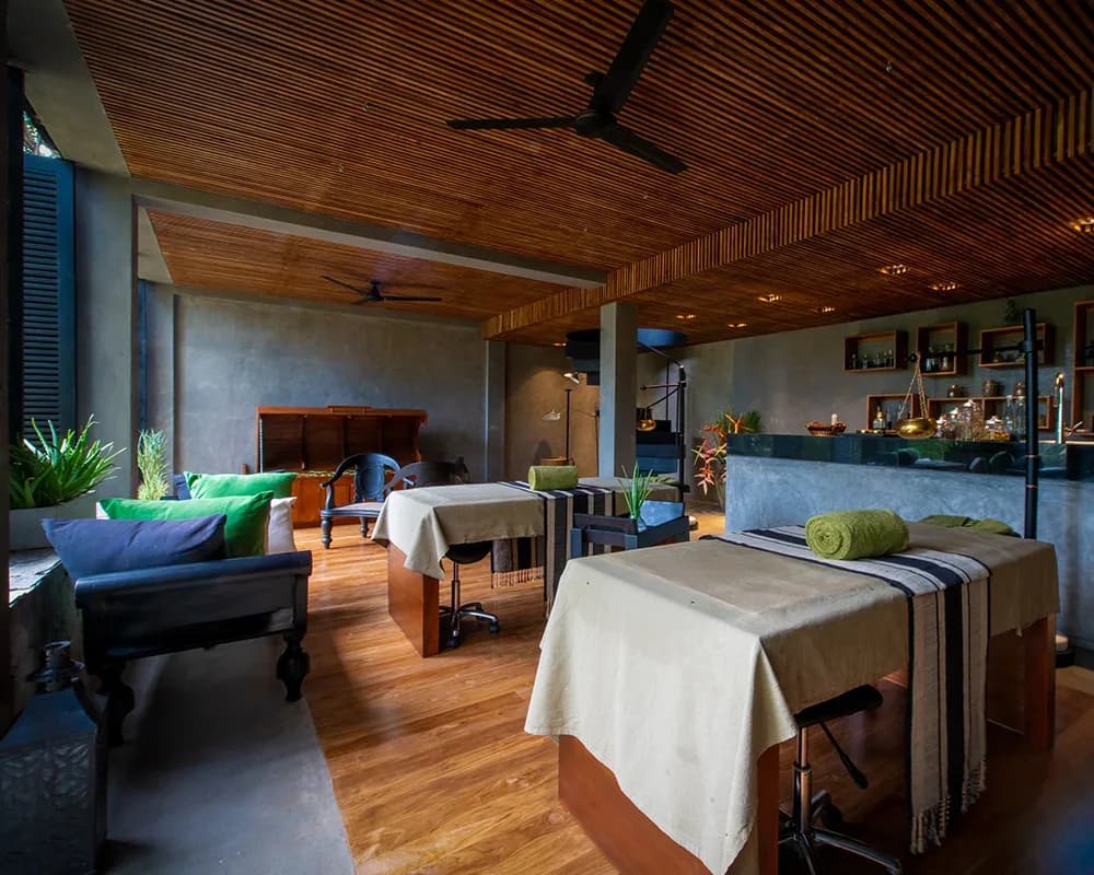 Haritha’s open-air dining room with timber ceilings and tropical views