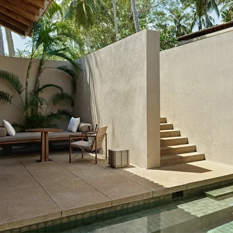 Ocean Hill Pool Suite courtyard at Amanwella, Sri Lanka, with plunge pool and wooden steps.