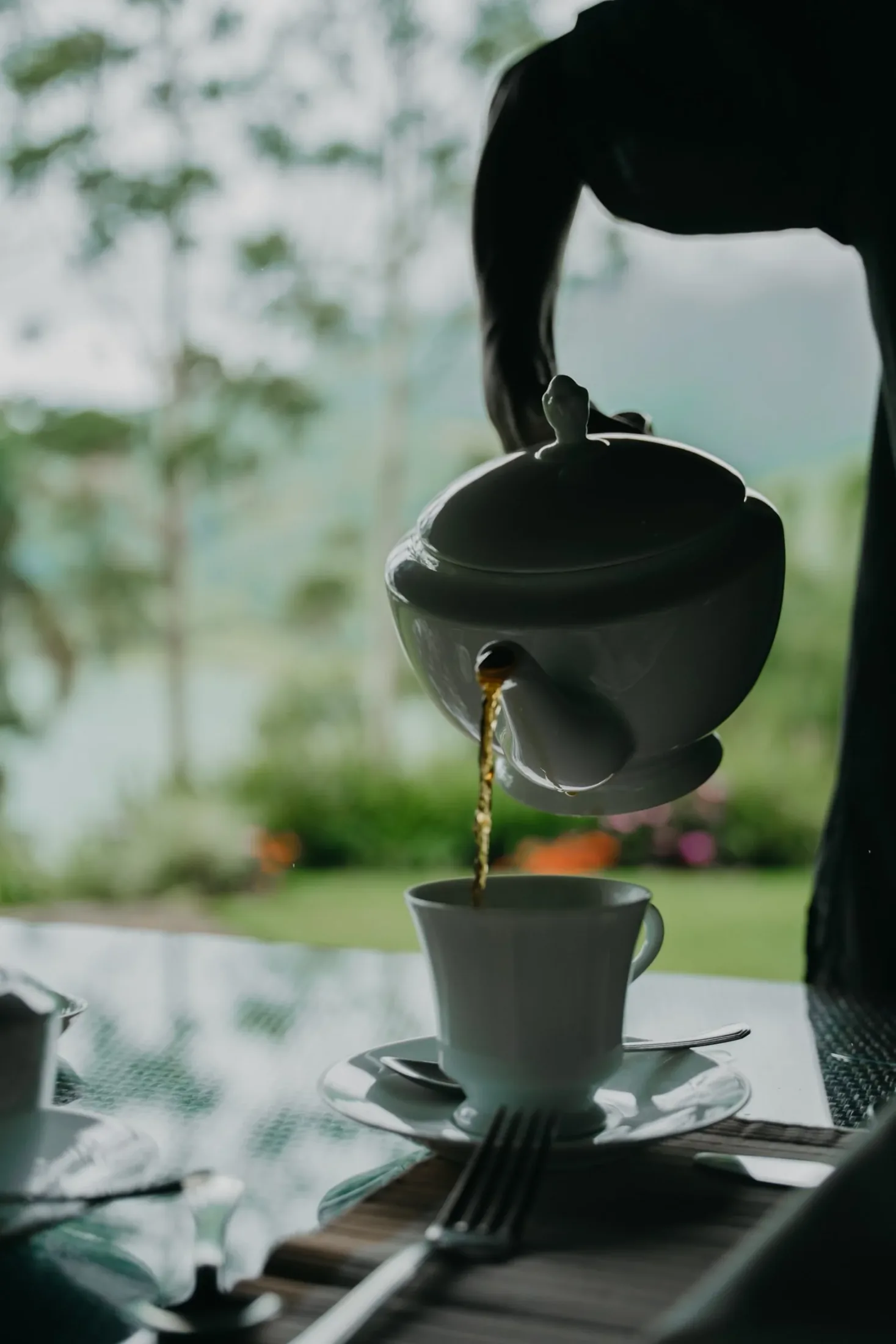 Freshly brewed Ceylon tea being poured into a white cup