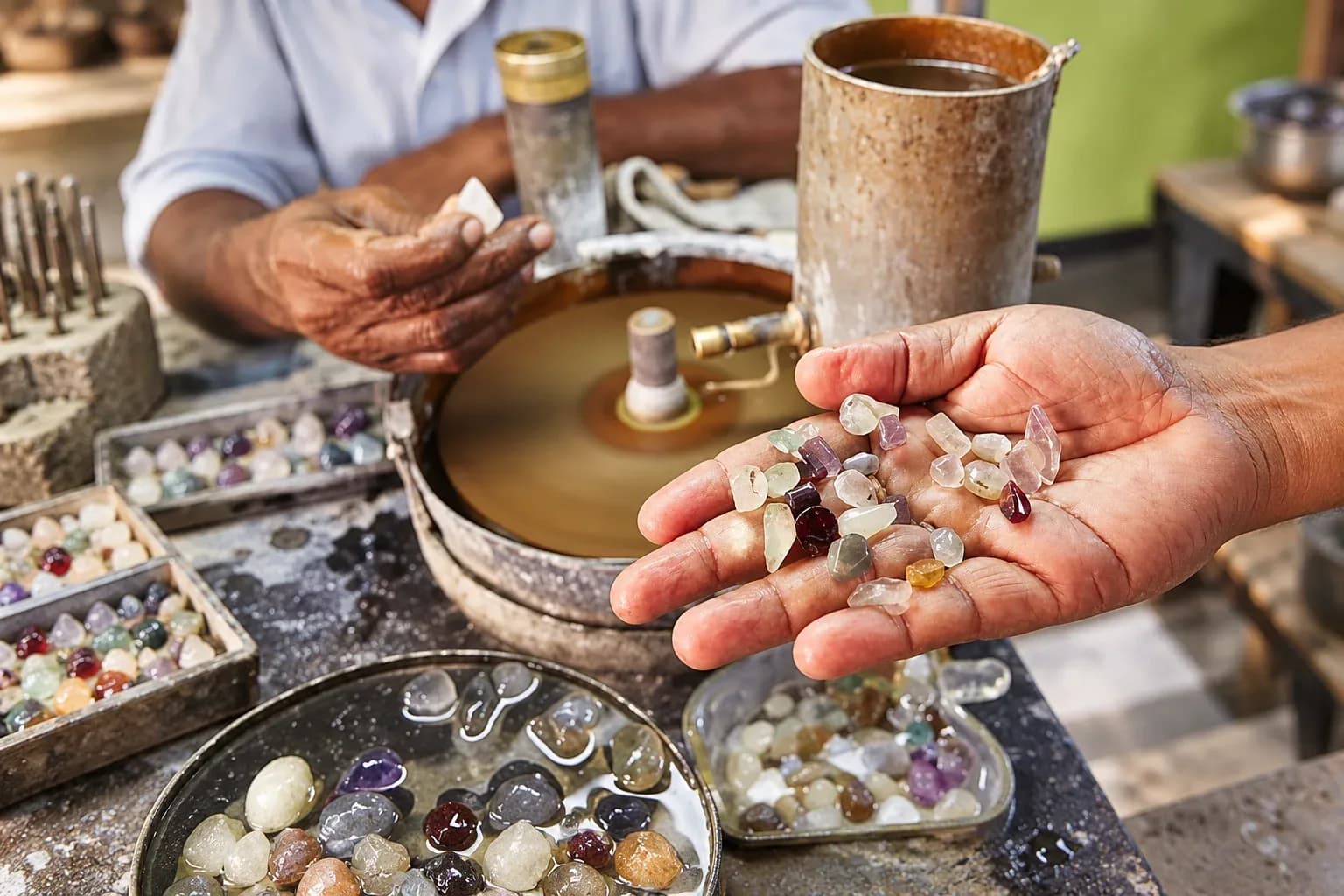 A handful of coloured rough stones beside a lapidary polishing wheel