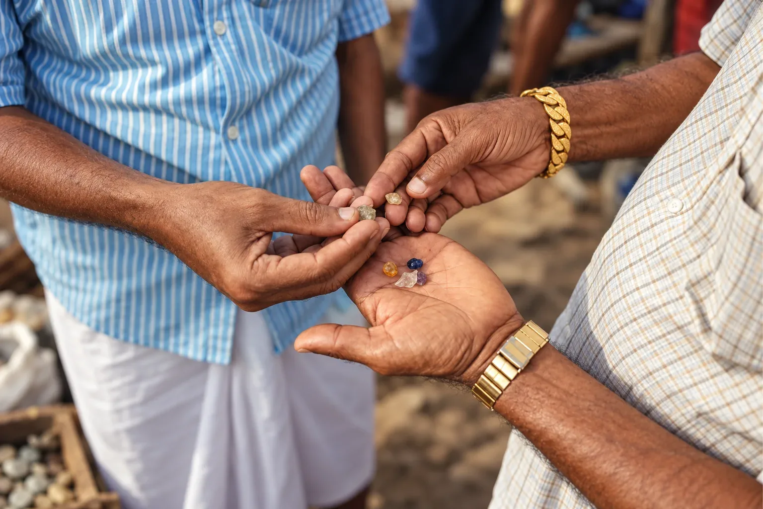 Merchants comparing small rough gemstones by hand